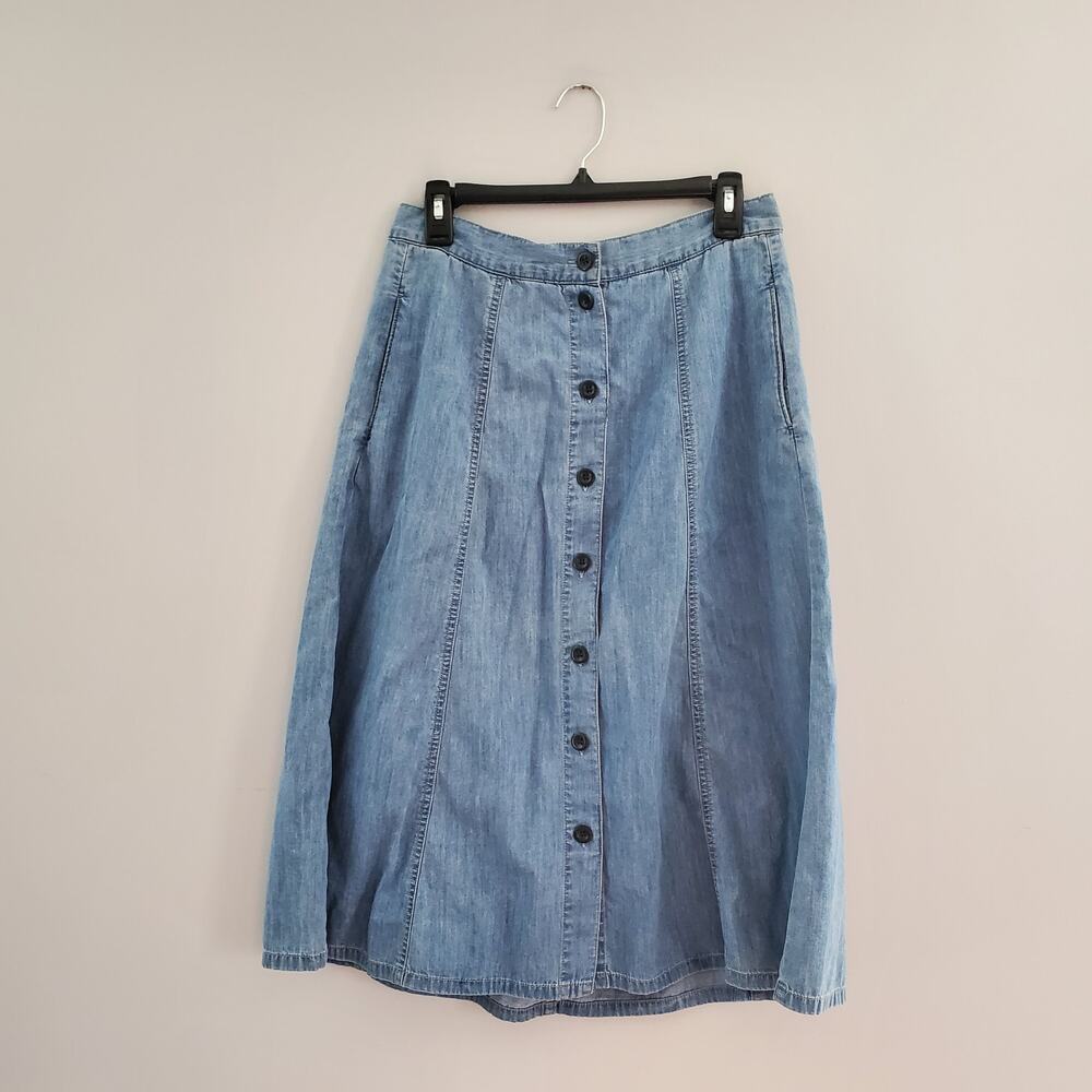 J. Crew Blue Lightweight A Line Pocketed Chambray Midi Jean Skirt 30